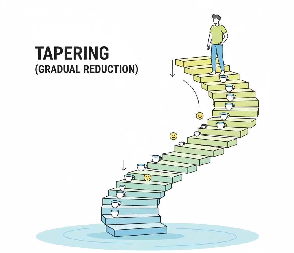 Person gradually tapering medication down a staircase to successful discontinuation.