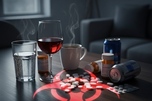 A table surrounded by pills, a glass of water, a glass of wine, a cup of coffee, and energy drink cans, symbolizing dangerous drug interactions.