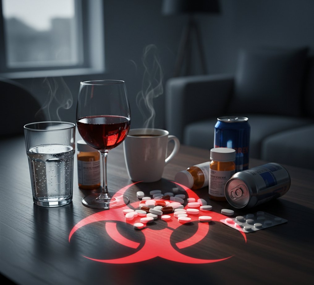 A table surrounded by pills, a glass of water, a glass of wine, a cup of coffee, and energy drink cans, symbolizing dangerous drug interactions.