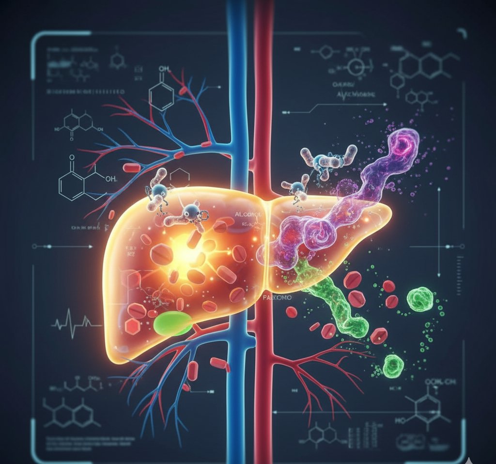 An anatomical illustration of the liver with chemical structures and substances flowing in, depicting the metabolic processes and potential overload from multiple substances.