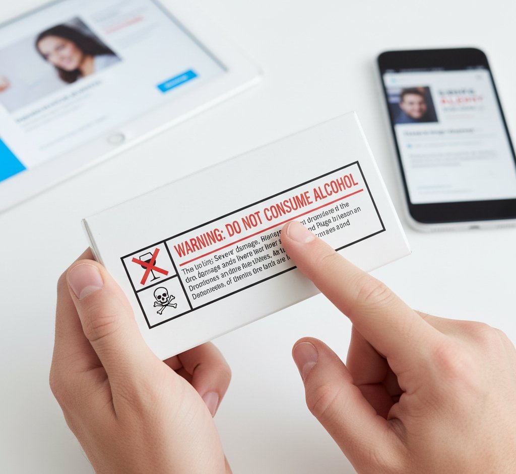 Hands holding a medicine box with a prominent "WARNING: DO NOT CONSUME ALCOHOL" label, emphasizing the importance of reading medication instructions."