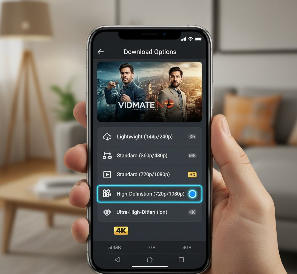 Vidmate app showing various video download quality options on a smartphone."