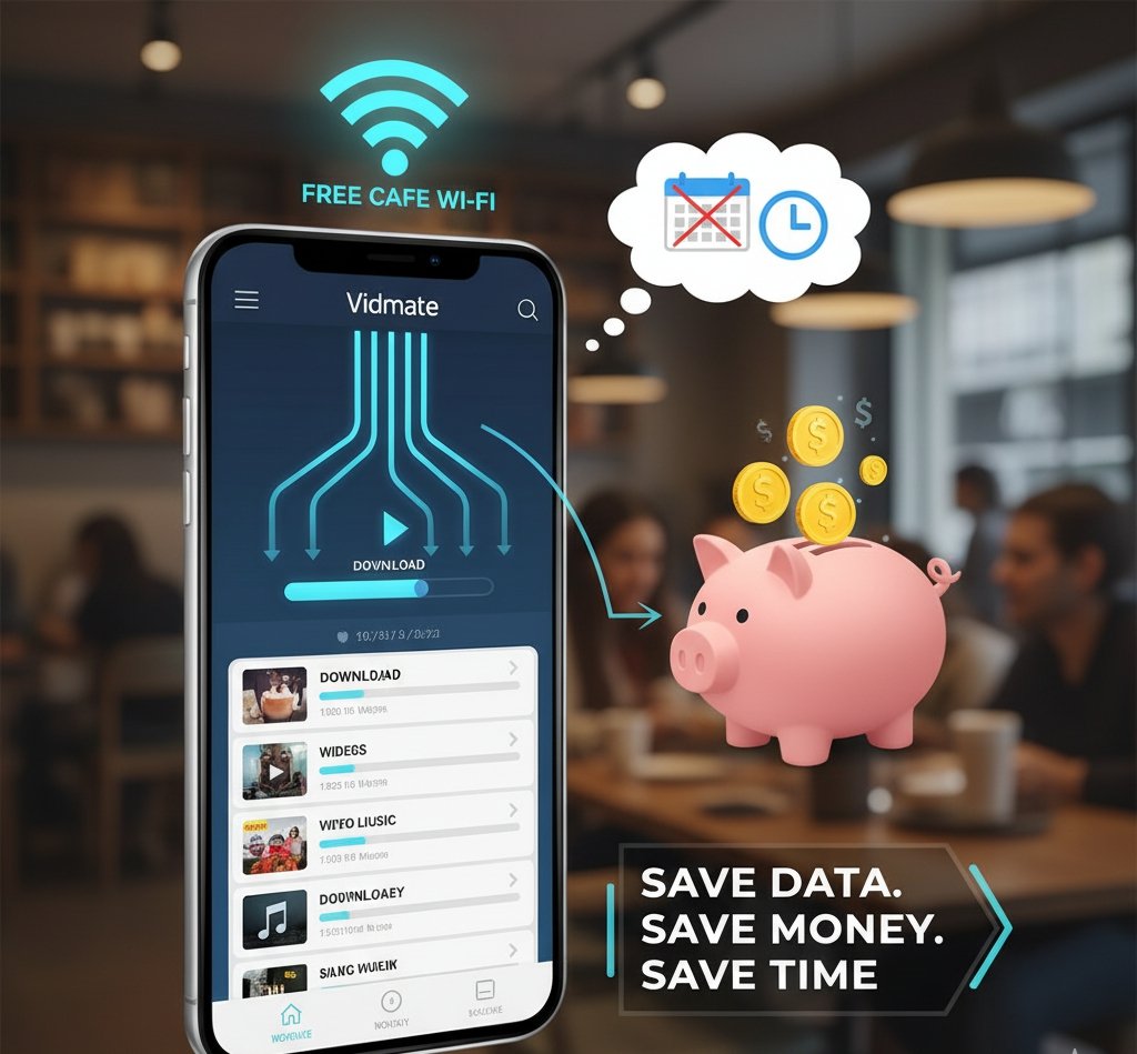 Vidmate app downloading content over free Wi-Fi, showing money and time savings."