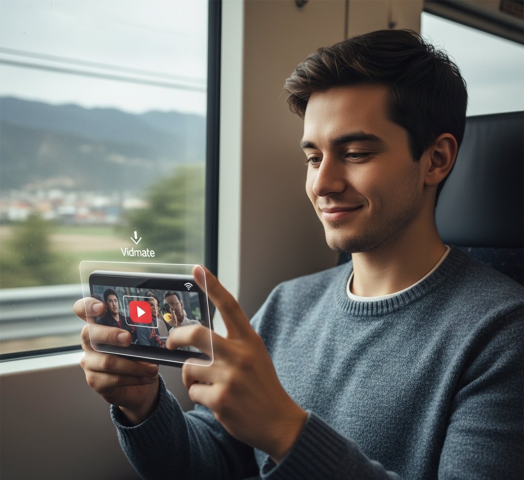 Man watching Vidmate on phone on a train, enjoying offline content."