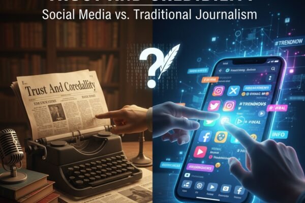 image showing a vintage typewriter and newspapers on the left, contrasting with a hand holding a smartphone displaying social media feeds on the right