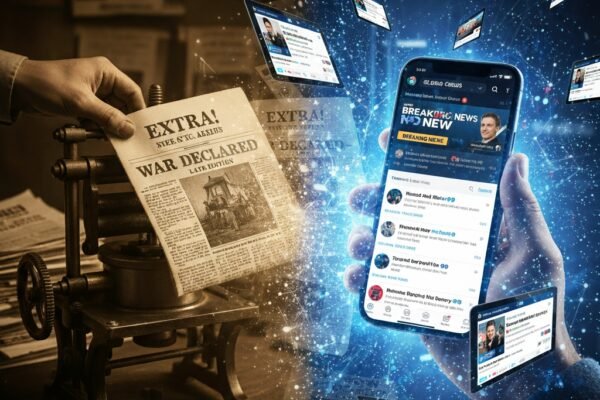 A split image showing an old printing press on one side and a modern smartphone with social media news feeds on the other, symbolizing the shift in news delivery.