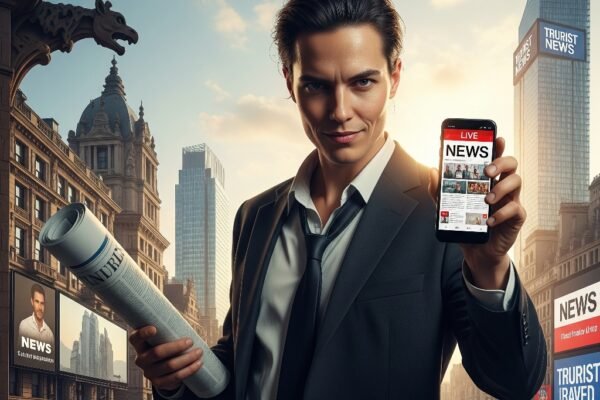 A journalist holding a rolled-up newspaper and a smartphone with a news feed.