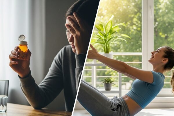 Visual comparison of painkillers and core exercises as pain management options."