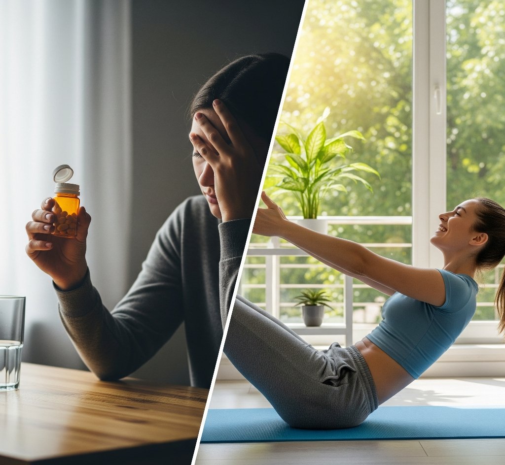 Visual comparison of painkillers and core exercises as pain management options."