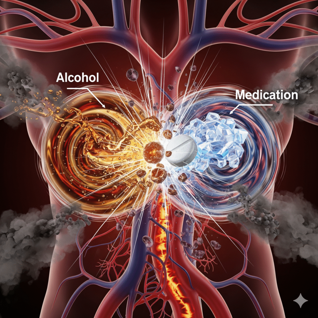 image showing alcohol and medication interacting negatively within the body.