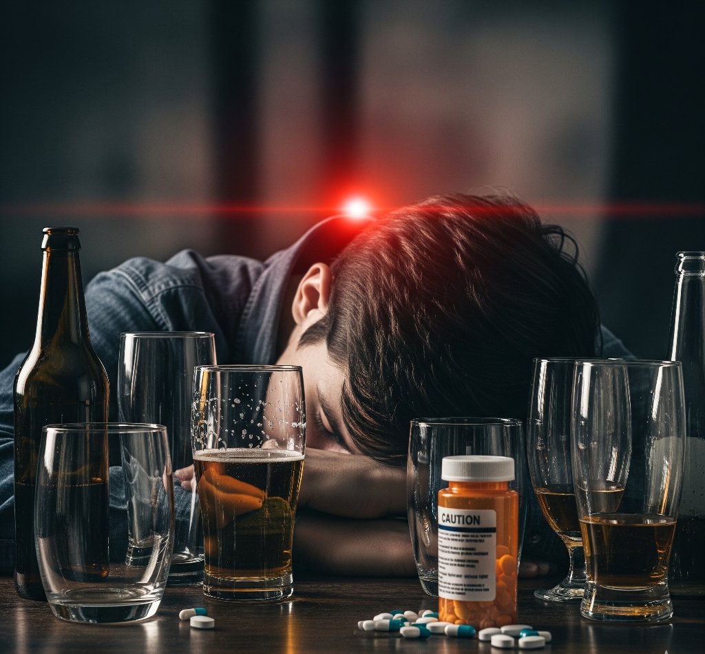image of a person becoming dangerously sedated from combining alcohol and medication.