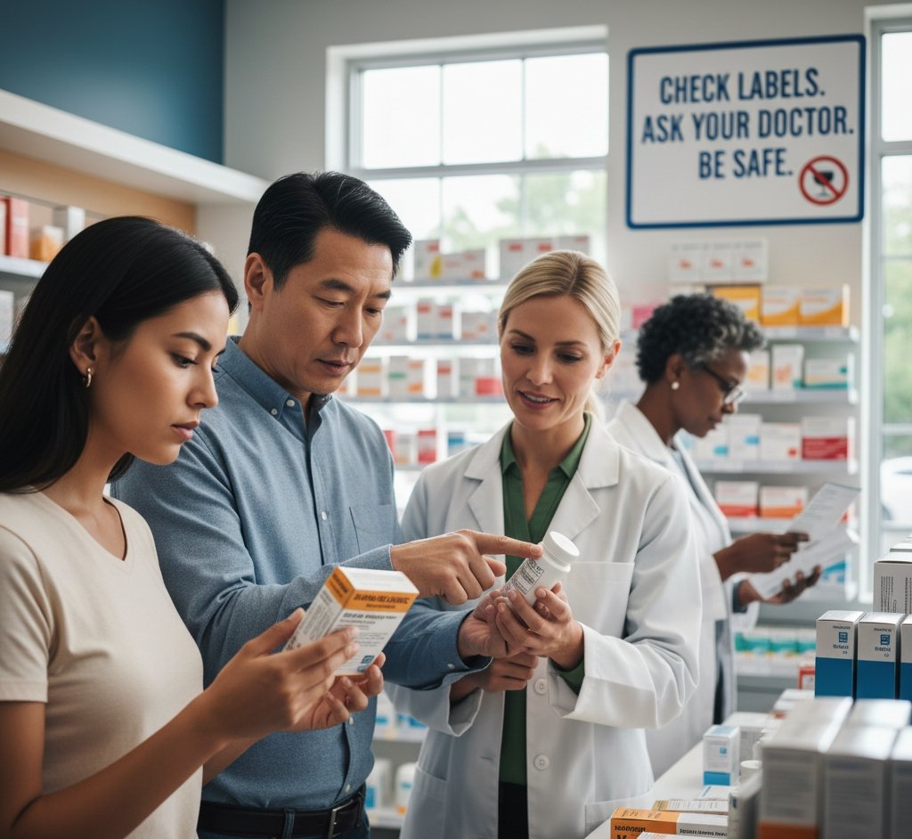 A diverse couple consults with a pharmacist, who points to the warning label on a medication bottle. A sign in the background reads, "CHECK LABELS. ASK YOUR DOCTOR. BE SAFE."