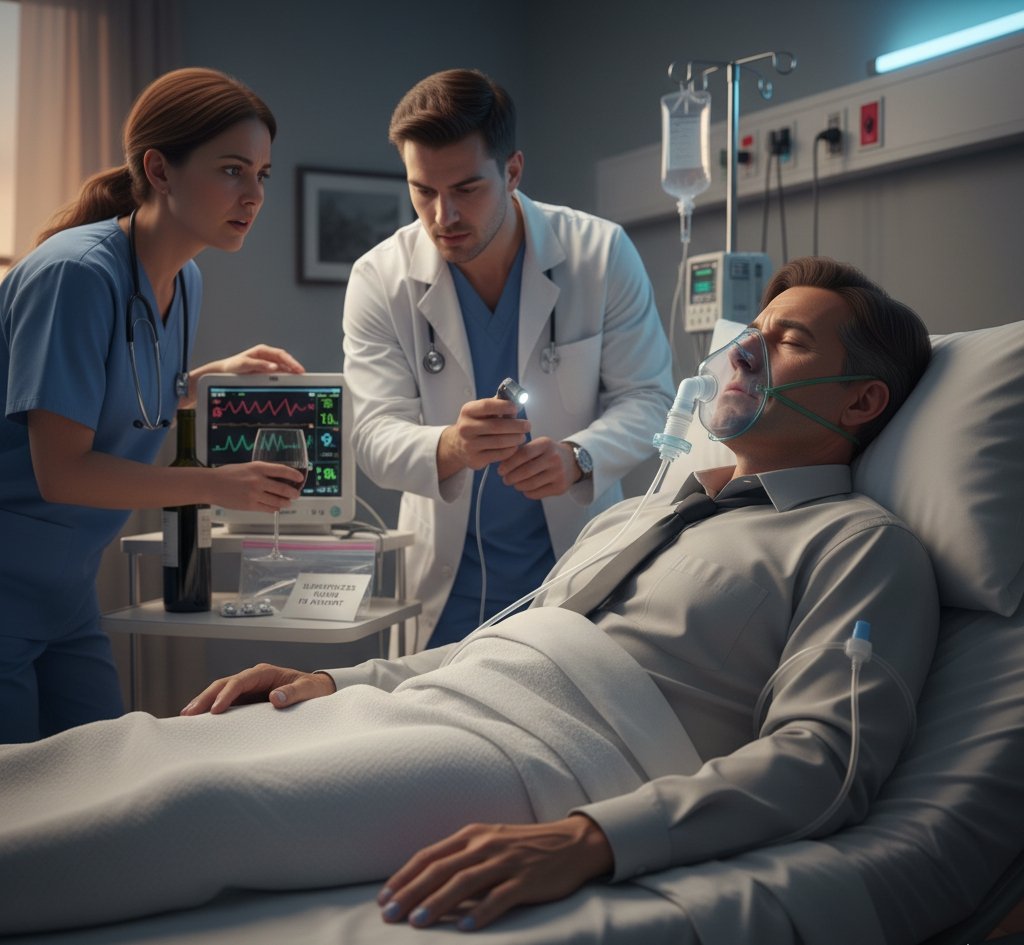 A patient in a hospital bed with an oxygen mask, surrounded by medical staff, with a partially consumed wine bottle and pills on a nearby tray, symbolizing the critical consequences of drug and alcohol interaction.