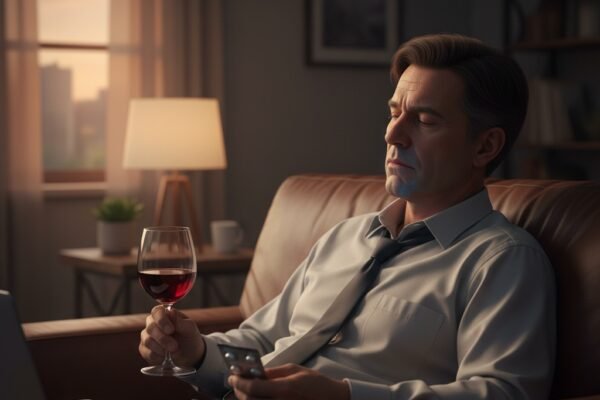 Recognizing the Warning Signs: Symptoms of Dangerous Alcohol-Drug Interactions An office worker, home after a hectic day, holds a glass of wine and a painkiller, unaware of the dangerous interaction that could occur.