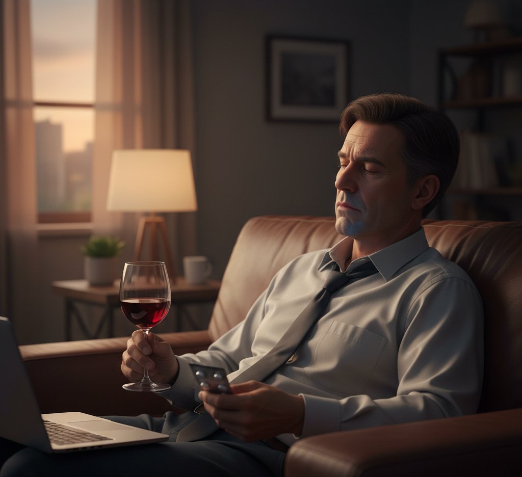 An office worker, home after a hectic day, holds a glass of wine and a painkiller, unaware of the dangerous interaction that could occur.