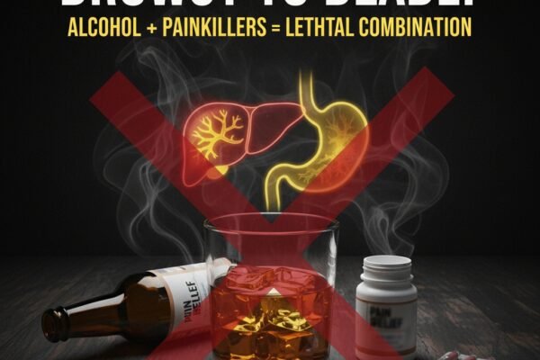 From Drowsy to Deadly: The Hidden Dangers of Mixing Alcohol with Opioids and NSAIDs image illustrating the deadly combination of alcohol and painkillers with visuals of a drink, pills, and damaged internal organs."