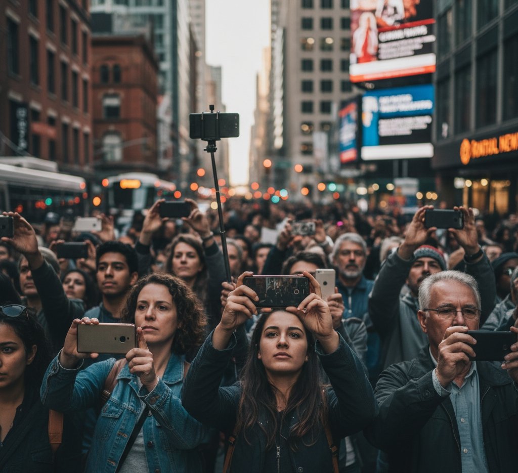 A diverse group of people holding smartphones and recording an event, symbolizing citizen journalism.