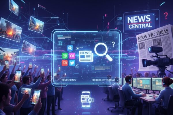 A digital illustration contrasting a crowd of people using smartphones to capture news with professional journalists in a newsroom, connected by digital interfaces showing "Democracy" and "Credibility Threat."