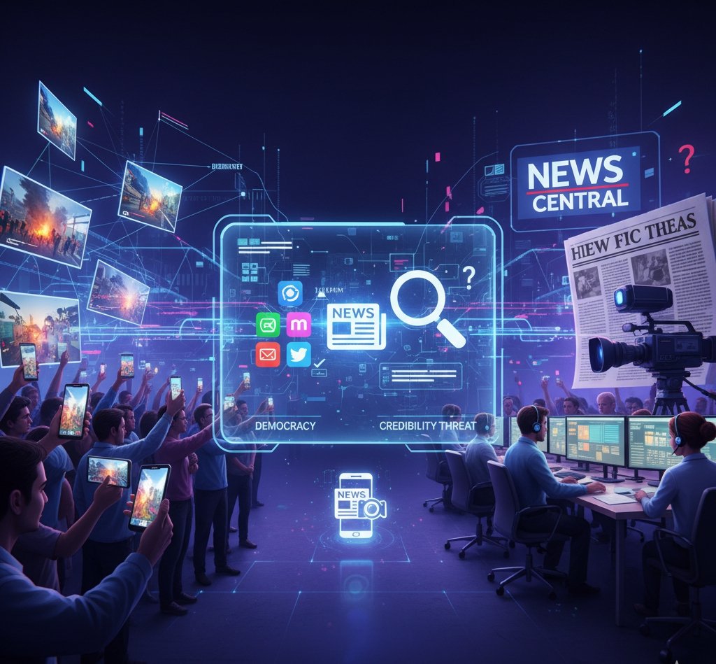 A digital illustration contrasting a crowd of people using smartphones to capture news with professional journalists in a newsroom, connected by digital interfaces showing "Democracy" and "Credibility Threat."