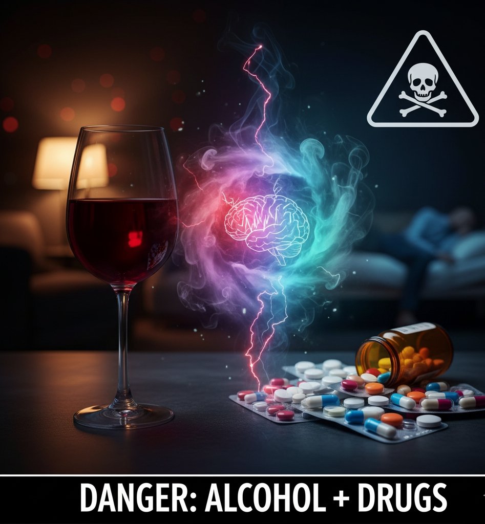 Image illustrating dangers of mixing drugs together with alcohol 