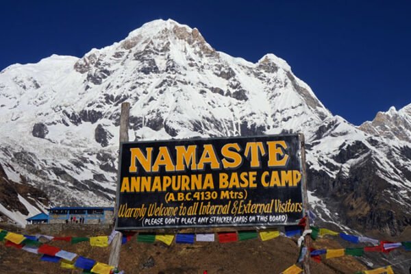 Scenic view of Annapurna Base Camp and Mardi Himal trekking trail with snow-capped peaks in the background