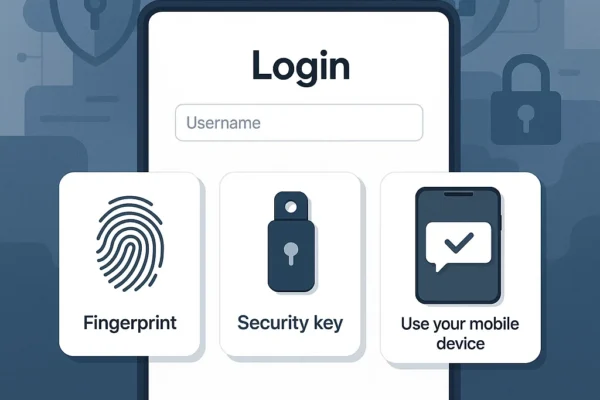 Step-by-Step Guide to Deploying Passwordless Authentication in Enterprise Environments Featured image showing enterprise passwordless authentication with biometrics, FIDO2 keys, and mobile push for secure access.