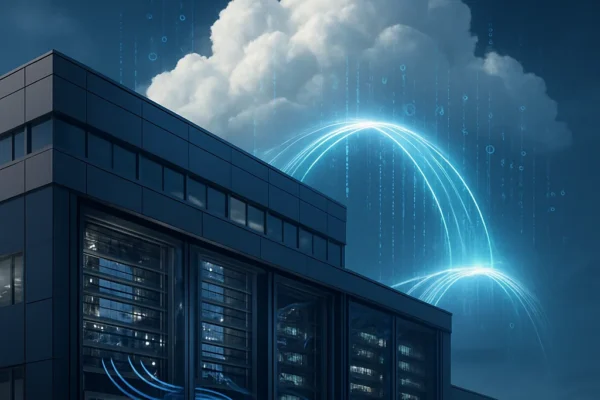 Realistic depiction of hybrid cloud infrastructure, with a seamless connection between on-premise data centers and cloud computing.
