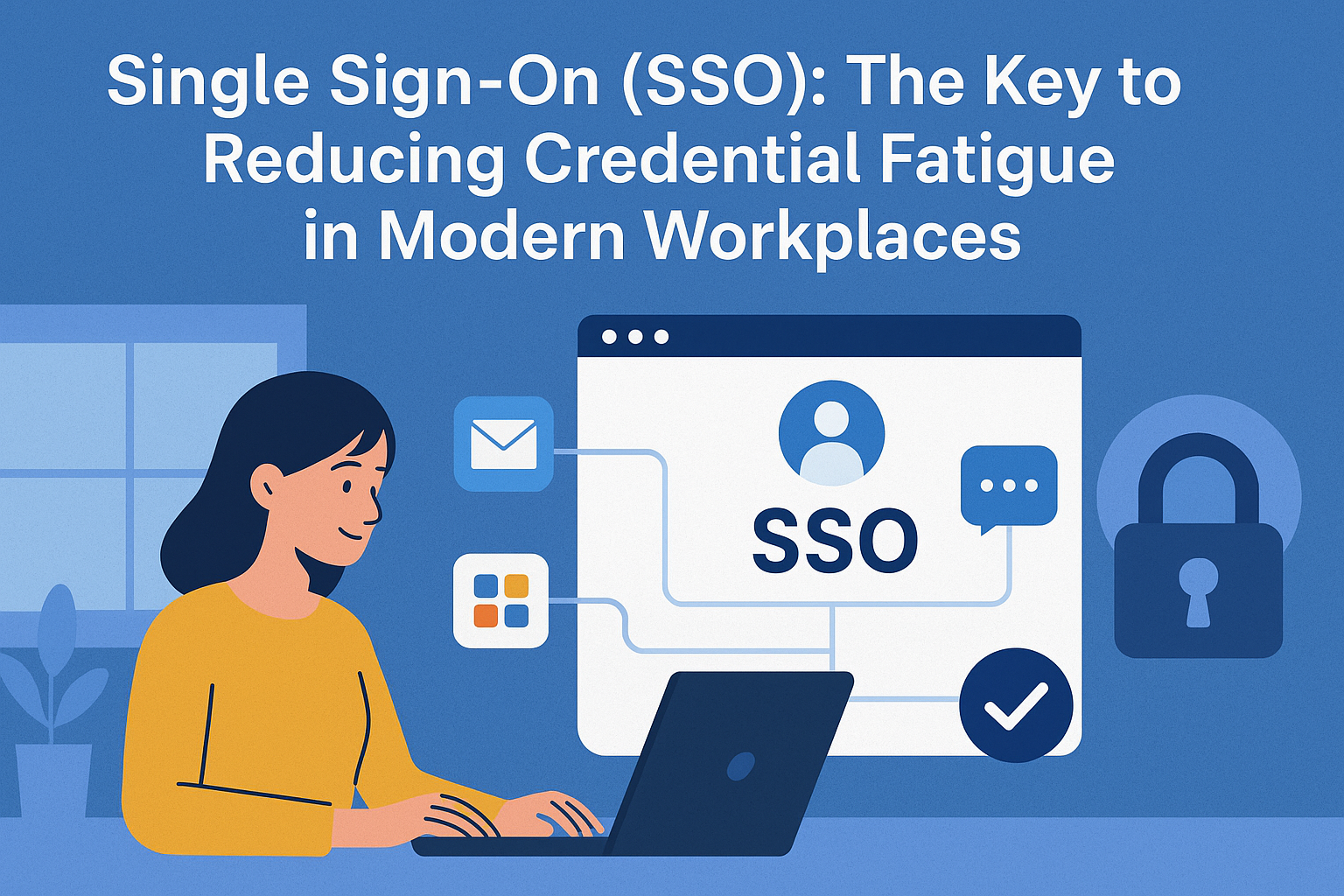 Flat-style digital illustration showing an employee using a laptop with a secure single sign-on interface connected to multiple workplace applications.