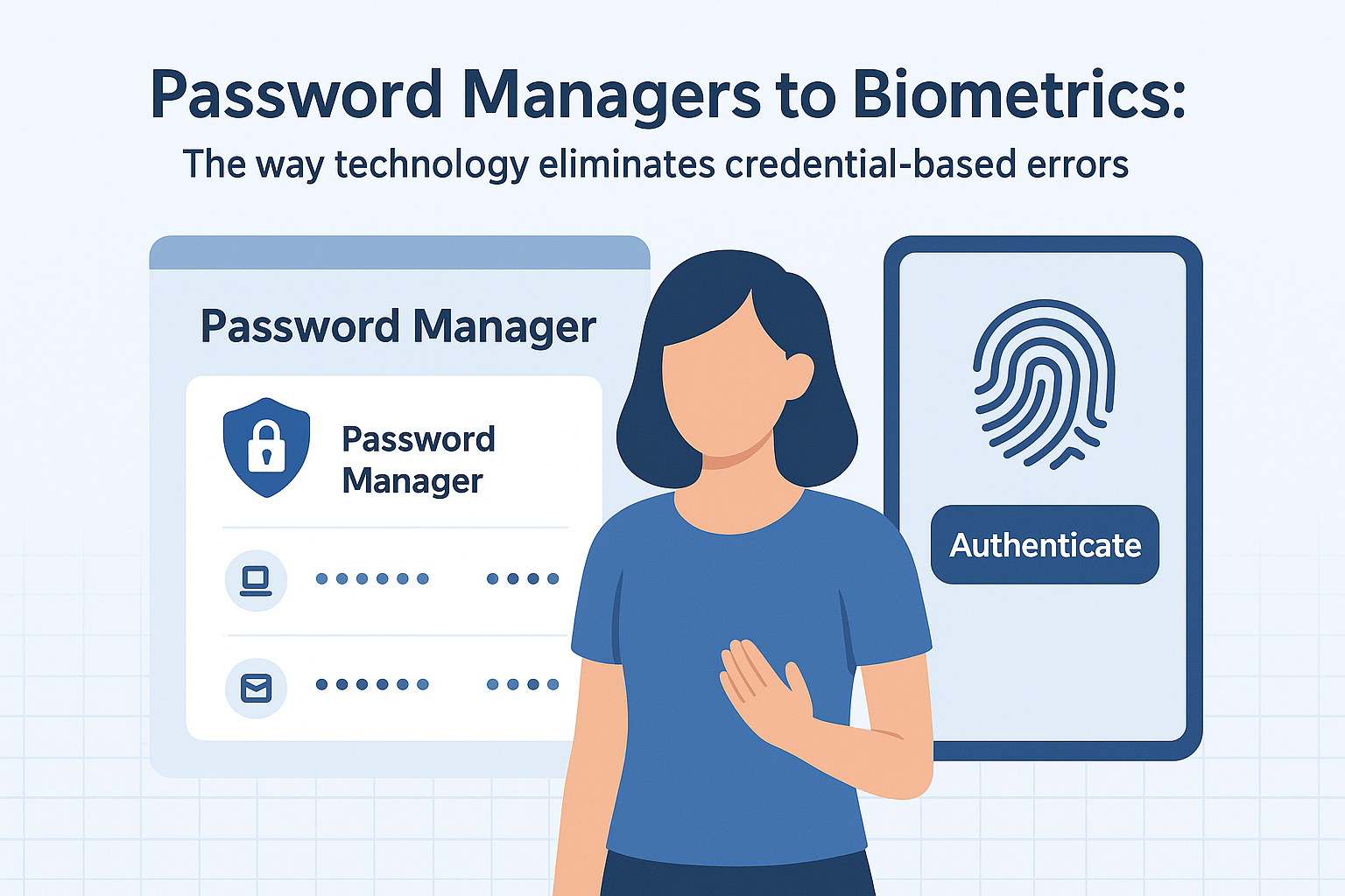 Infographic showing password managers, multi-factor authentication, and biometric authentication as technologies reducing credential-based mistakes.