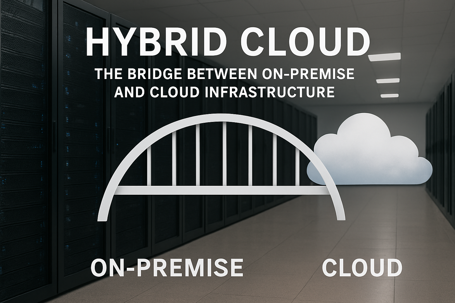 Hybrid cloud concept featured image showing a modern data center linked with a digital cloud, symbolizing the bridge between on-premise and cloud infrastructure.