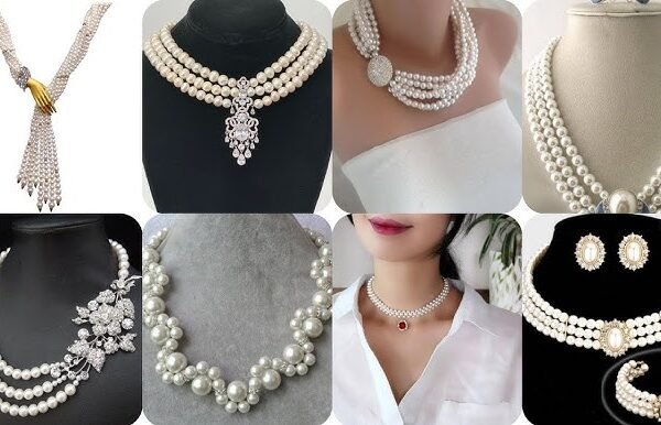 Elegant white pearl and bead necklace designs for women, including round pearl jewelry, layered pearl chokers, and bridal statement necklaces.