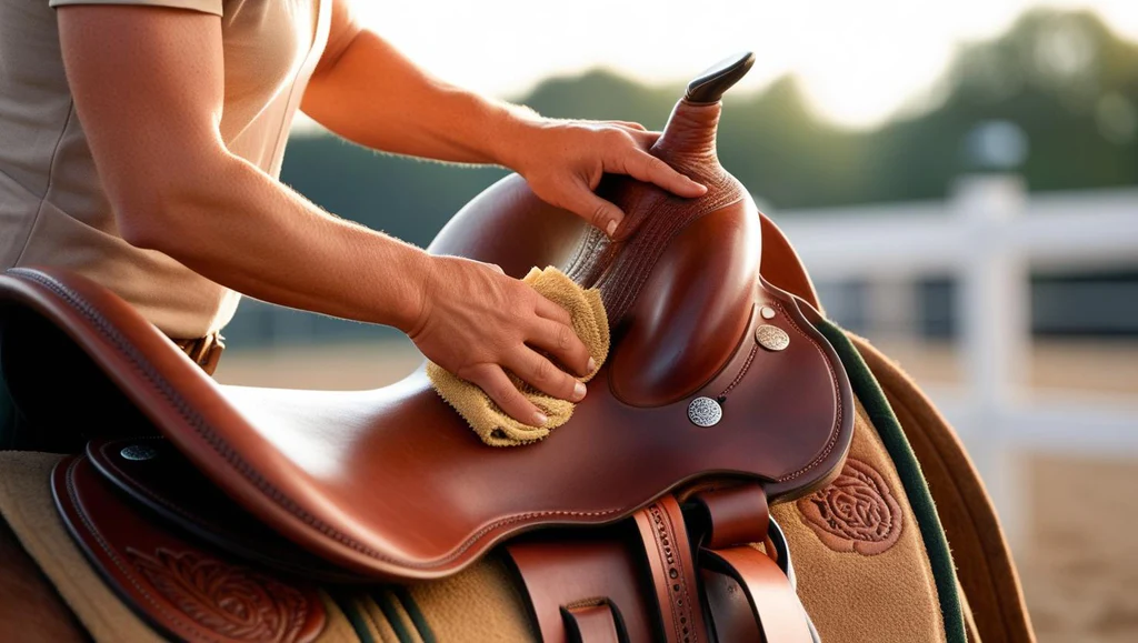 Western saddle on a horse with detailed view of leather and stirrups