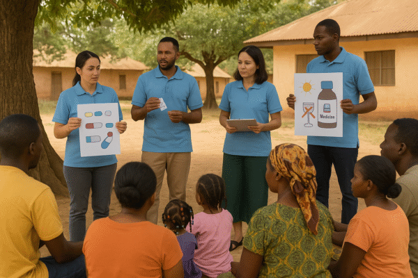 community health workers teaching rural families about safe medicine use under a tree in a village setting.