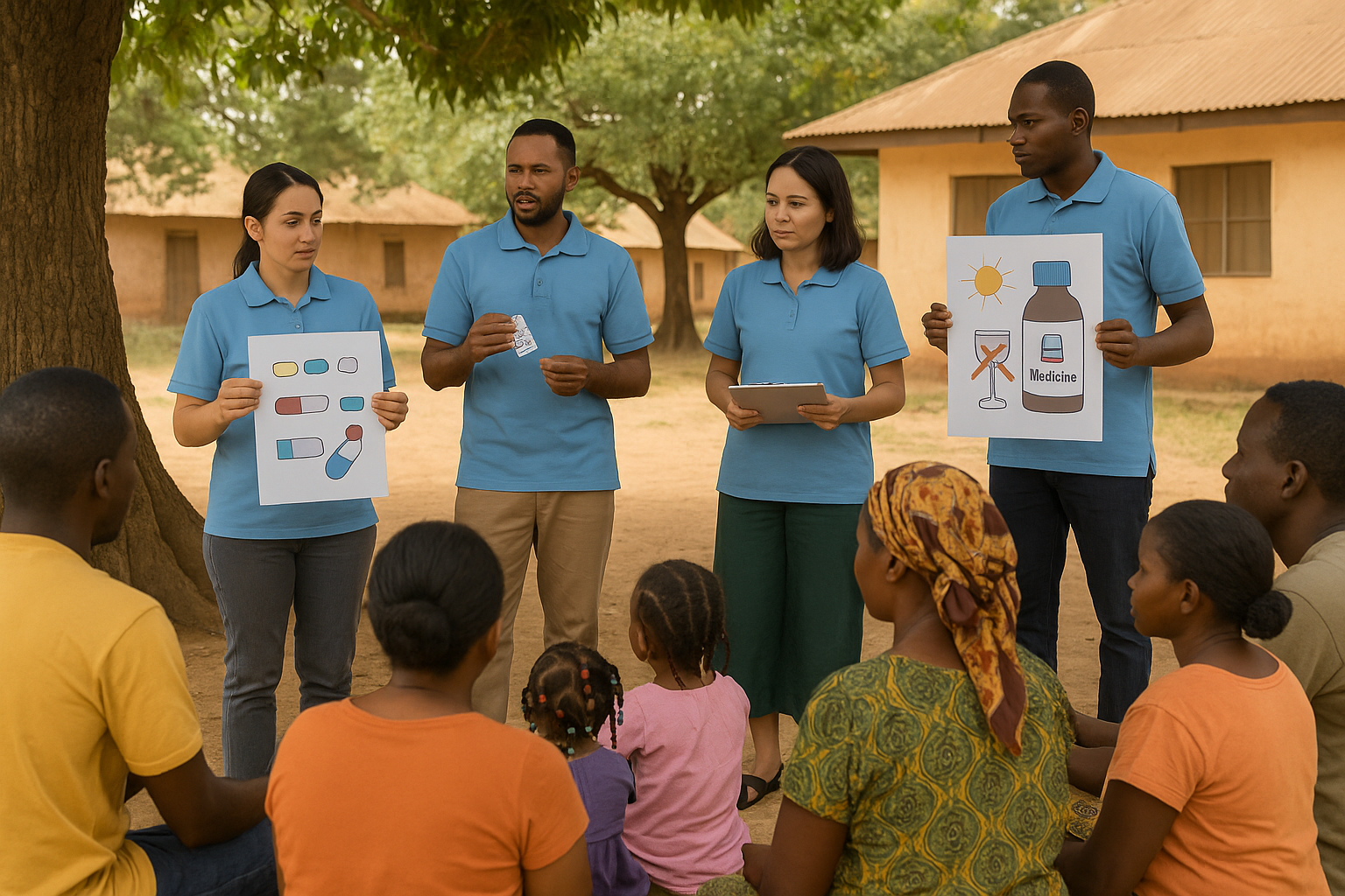 community health workers teaching rural families about safe medicine use under a tree in a village setting.