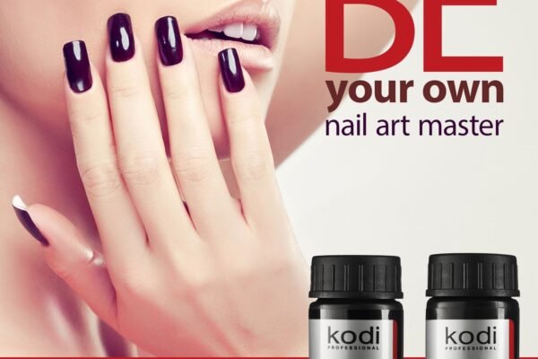 “Kodi Rubber Top Gel bottle with glossy manicure finish on nails”