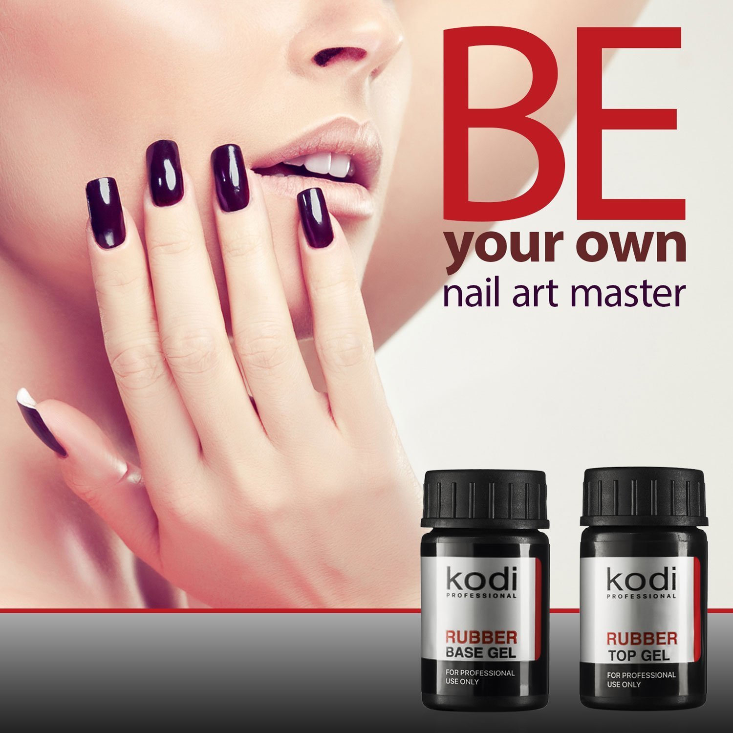 “Kodi Rubber Top Gel bottle with glossy manicure finish on nails”