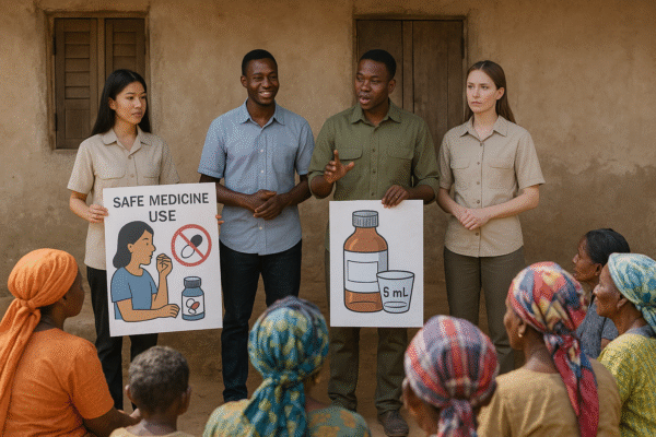 Public health educators conducting an outdoor session in a rural village, using illustrated posters to teach villagers about safe medicine use and correct dosage practices.