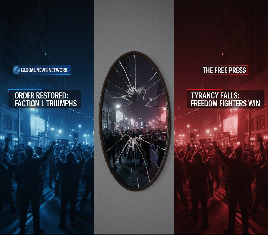 Split image showing two contradictory news headlines ("Faction 1 Triumphs" vs. "Freedom Fighters Win") about the same protest, separated by a cracked mirror.