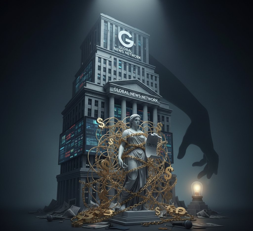 Lady Justice statue chained by corporate money symbols in front of a news building, symbolizing the issue of corporate money 