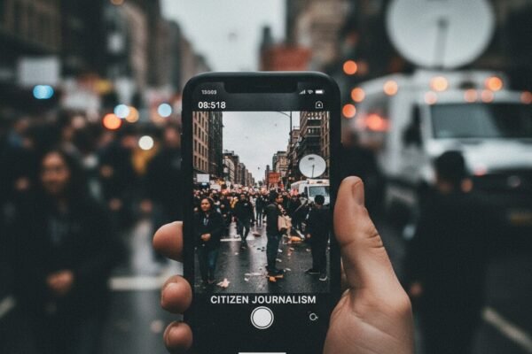 The Power of Firsthand Accounts: Why Citizen Journalism Feels More Authentic A hand holding a smartphone recording a street protest, with "CITIZEN JOURNALISM" visible on the screen, illustrating the immediate and unfiltered nature of citizen journalism.
