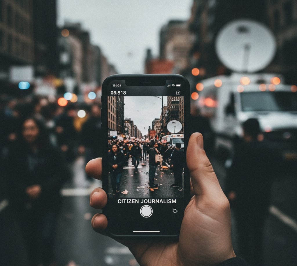 A hand holding a smartphone recording a street protest, with "CITIZEN JOURNALISM" visible on the screen, illustrating the immediate and unfiltered nature of citizen journalism.