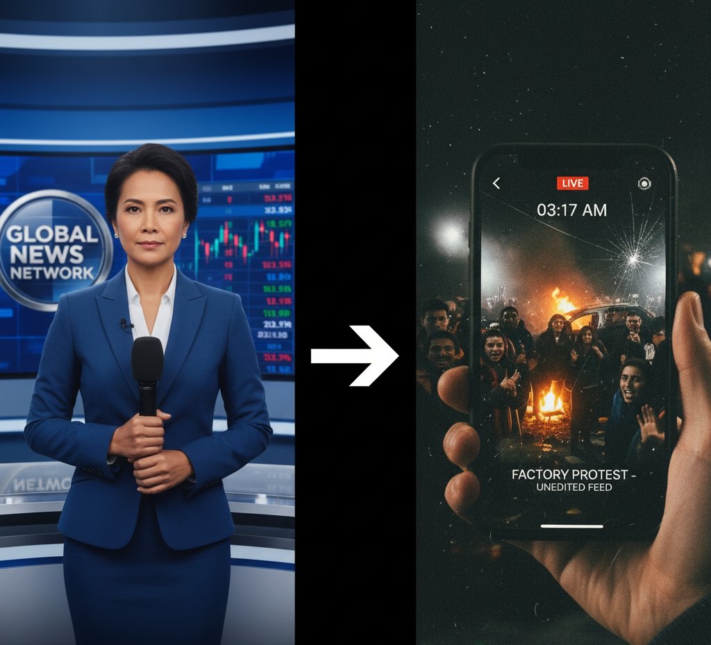 A split image contrasting a professional news anchor in a studio with a hand holding a smartphone recording a chaotic protest scene, symbolizing the shift in trust from institutional reporting to citizen journalism.