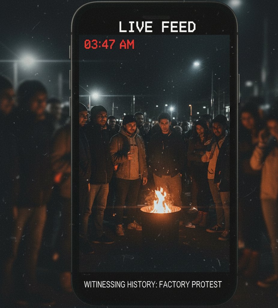 A grainy, low-light smartphone screen displaying a "LIVE FEED" of a night protest with a fire, showcasing the raw, unpolished aesthetic often associated with authentic citizen journalism.