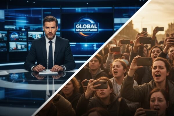 Mainstream news studio versus citizen journalism with smartphones.