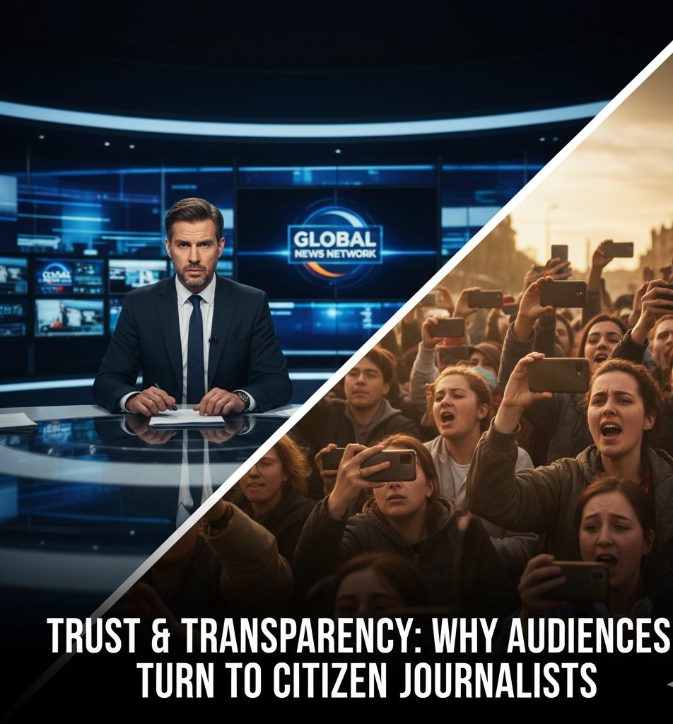 Mainstream news studio versus citizen journalism with smartphones.