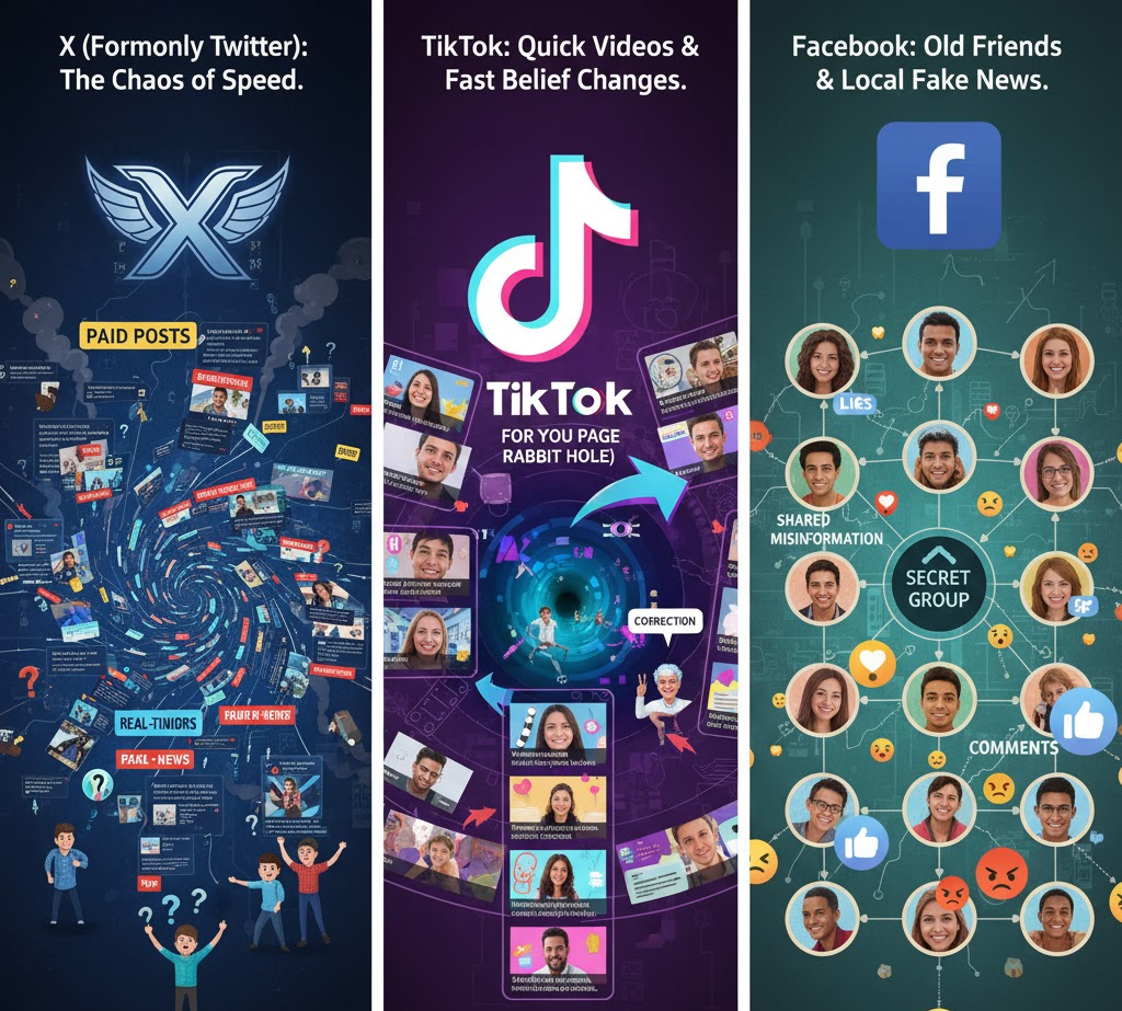 Image specifically illustrating the "Case Studies in Platform Influence" for X (formerly Twitter), TikTok, and Facebook, highlighting their distinct mechanisms of content amplification and challenges.