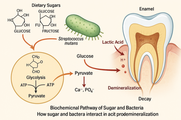 The Biochemistry of Dental Caries: How Sugar and Bacteria Interact Educational diagram illustrating the biochemistry of dental cariesshowing how sugar and bacteria interact through glycolysis and acid production that lead to enamel demineralization and tooth decay.