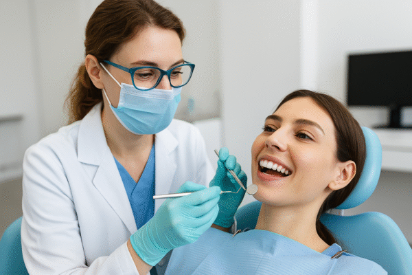 Common Dental Problems and How to Prevent Them: Expert Tips for Every Age smiling dentist examining patient teeth to identify common dental issues.
