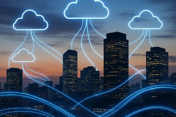 Hybrid cloud concept showing data flow between on-premise infrastructure and public cloud platforms in a connected city environment.
