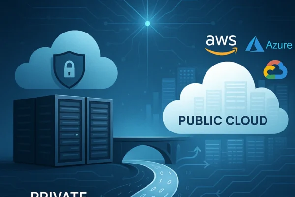 Split-view illustration showing integration between a secure private cloud data center and scalable public cloud platforms like AWS, Azure, and Google Cloud, connected by a digital bridge symbolizing hybrid cloud flexibility and control.